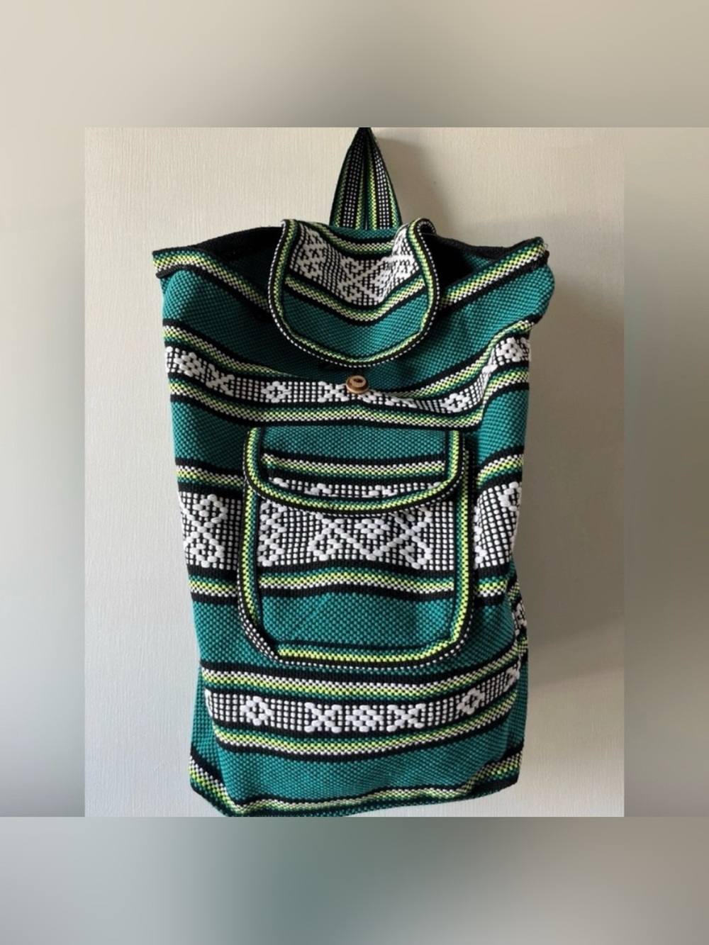 Green Embroidered Backpack with Black & White Pattern- Handmade